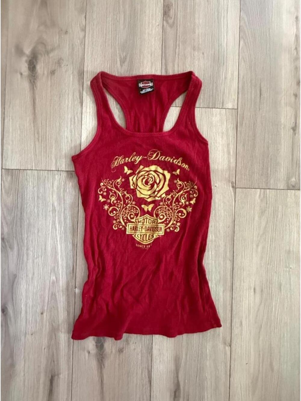Harley Davidson red tank top with gold rose design